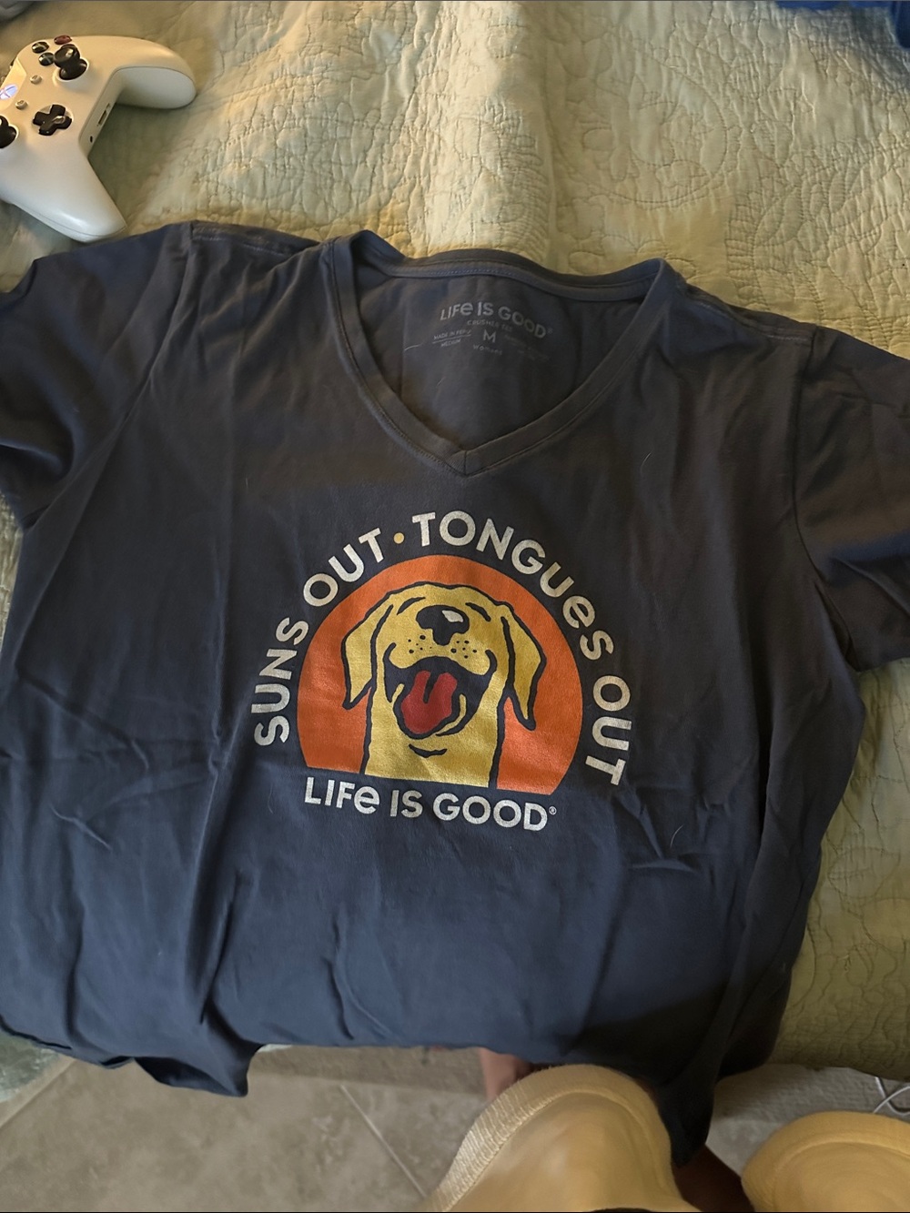 Life Is Good Navy Graphic Dog Tee with Yellow Pup and Orange Sun